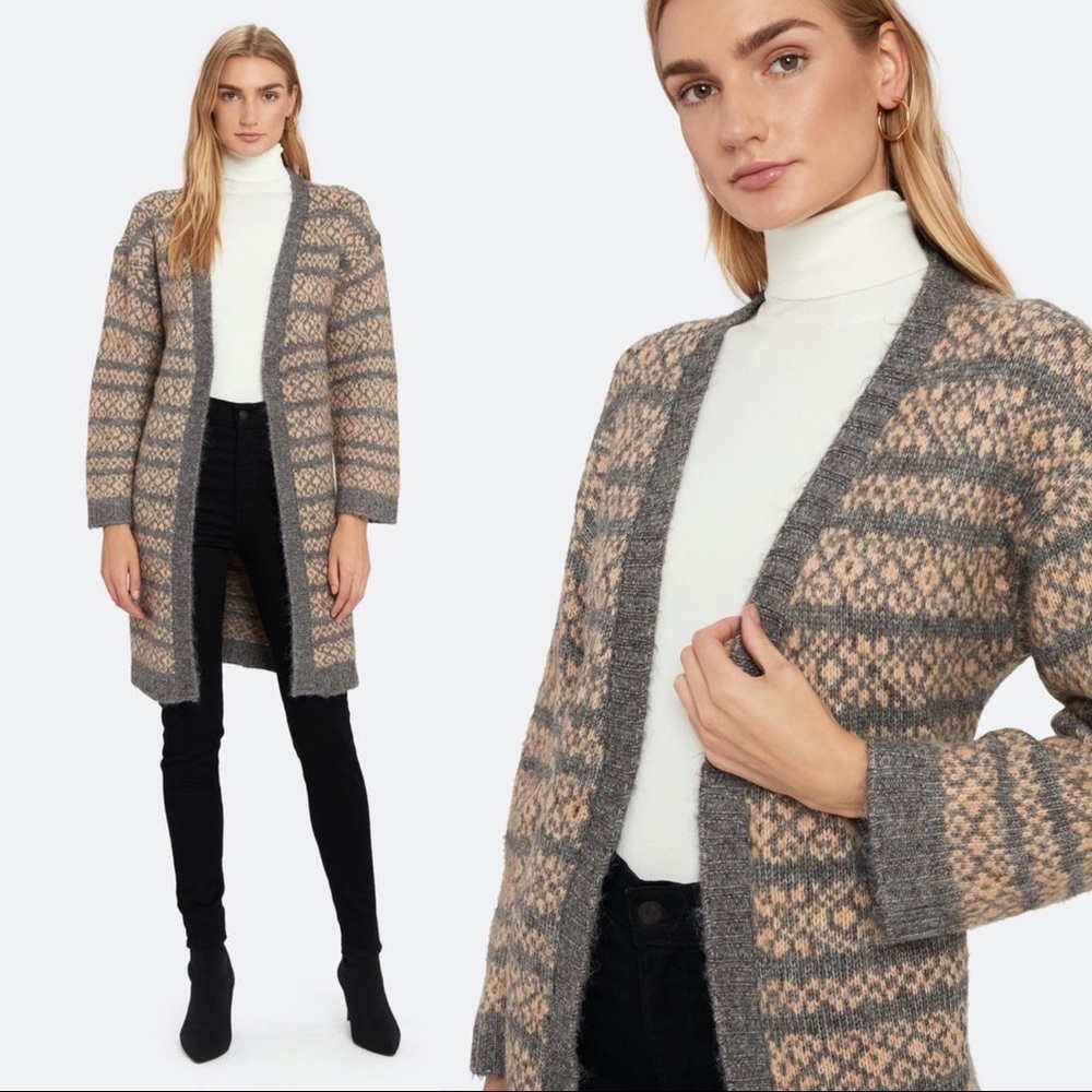 BB Dakota • To Be Fair Isle cardigan duster sweater grey tan knit open longline